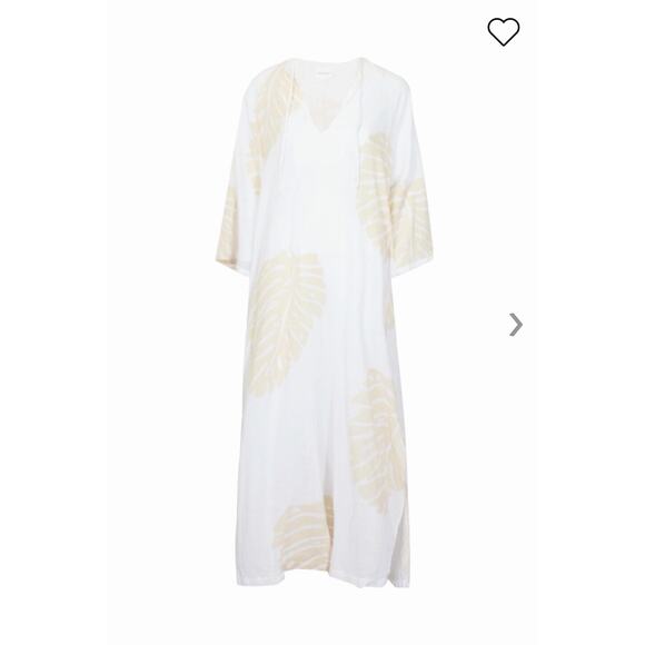 Honorine Cotton Leaf Print Hooded Macadamia White Beige Caftan Small - Picture 1 of 5